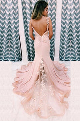 Charming Backless Long Pink Mermaid Prom Dress with Split